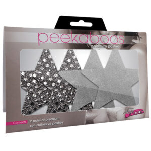 2-pack of star-shaped pasties in the color grey. Two of them are dark grey with rhinstones, and the other is a medium grey without rhinestones.