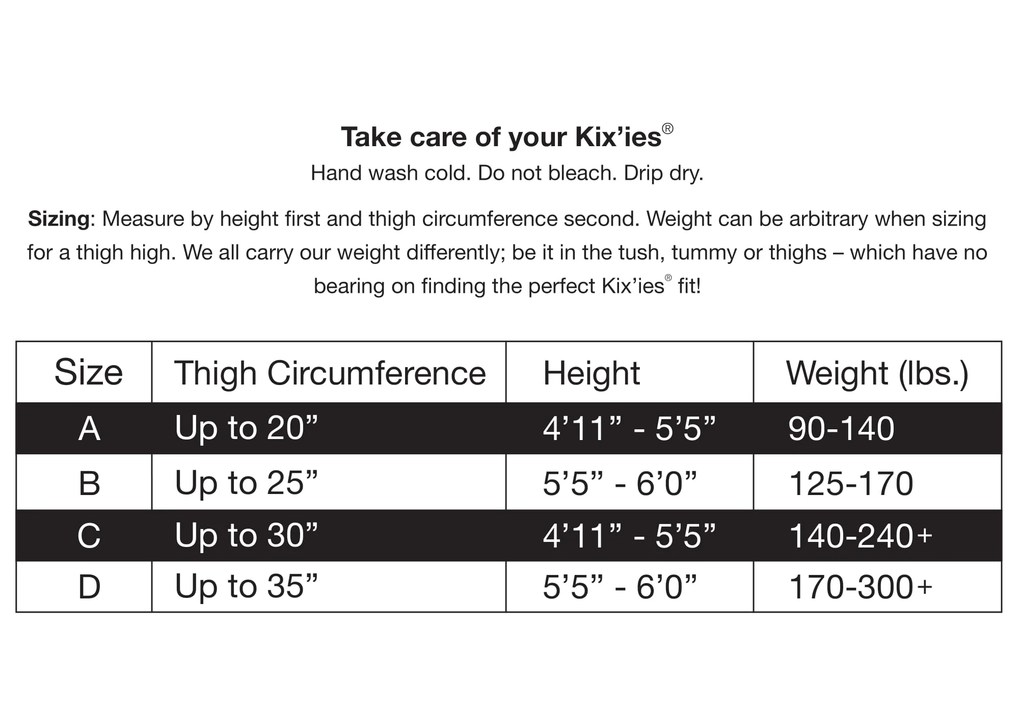 Kixies | Thigh-Highs Size Chart