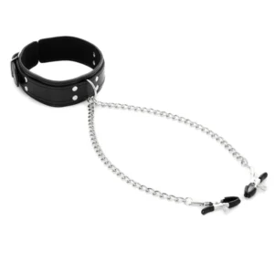 Sex & Mischief Collar with Nipple Clamps | Black collar and clamps attached to silver chain at MyBestOrgasm.sex