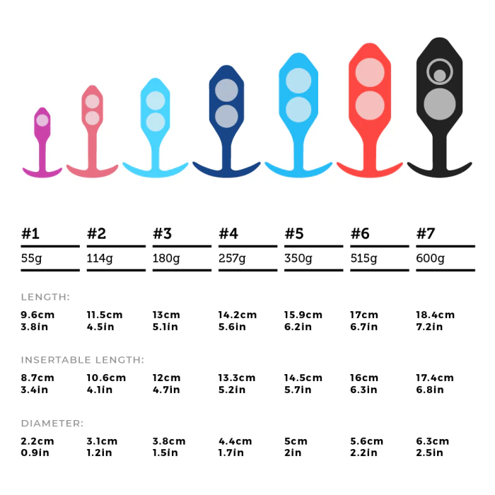 b-Vibe Snug Plug 1 thru 7 Weighted Butt Plug Collection Size Chart