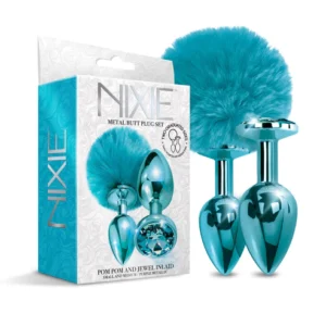 NIXIE | Metallic Blue Metal Butt Plug Set with Pom Pom Tail and Jewel Inlay at My Best Orgasm