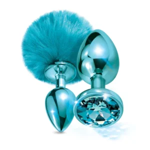 NIXIE | Metallic Blue Metal Butt Plug Set with Pom Pom Tail and Jewel Inlay at My Best Orgasm