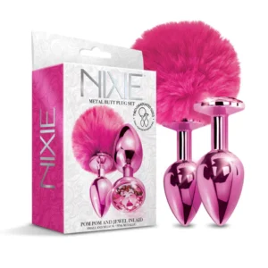 NIXIE | Metallic Pink Metal Butt Plug Set with Pom Pom Tail and Jewel Inlay at My Best Orgasm