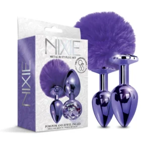 NIXIE | Metallic Purple Metal Butt Plug Set with Pom Pom Tail and Jewel Inlay at My Best Orgasm