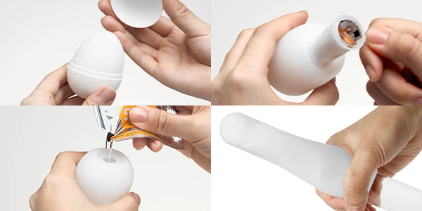 How to Use: A demonstration of unpacking the TENGA EGG Hard Boiled II Disposable Male Masturbator and applying water-based lubricant.