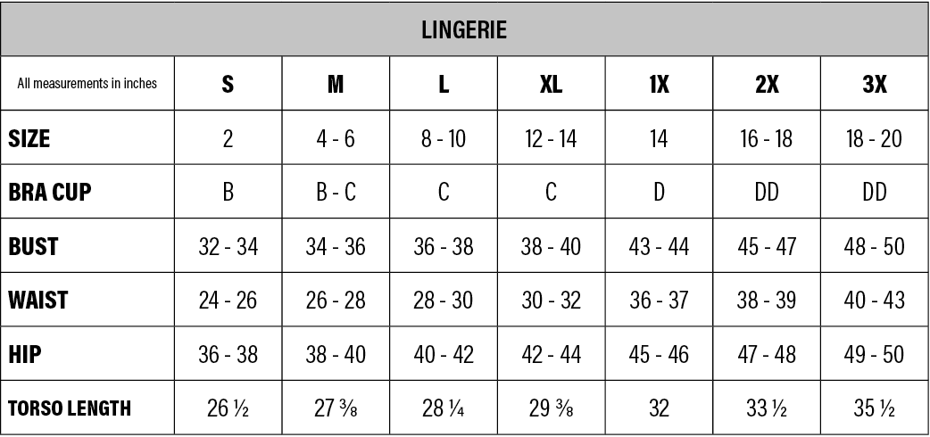 Forplay Lingerie Size Chart