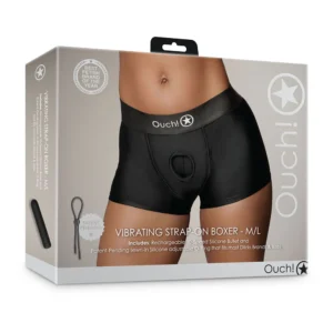 Shots America Ouch! Vibrating Strap-on Boxer Brief Harness | Black | Med-Large Box Front | My Best Orgasm