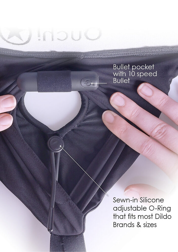 The Shots Ouch! Vibrating Strap-on Boxer Brief Harness features a bullet pocket with 10-speed bullet vibe, and sewn-in adjustable O-ring | My Best Orgasm