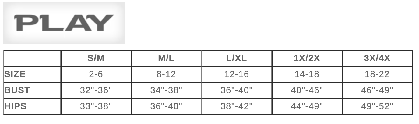 Fantasy Lingerie PLAY Size Chart