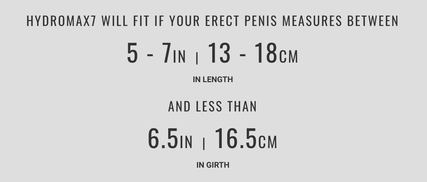 Bathmate The Hydromax7 is suitable for users with a current erection length of up to 7 inches and less than 6.5 inches in girth.